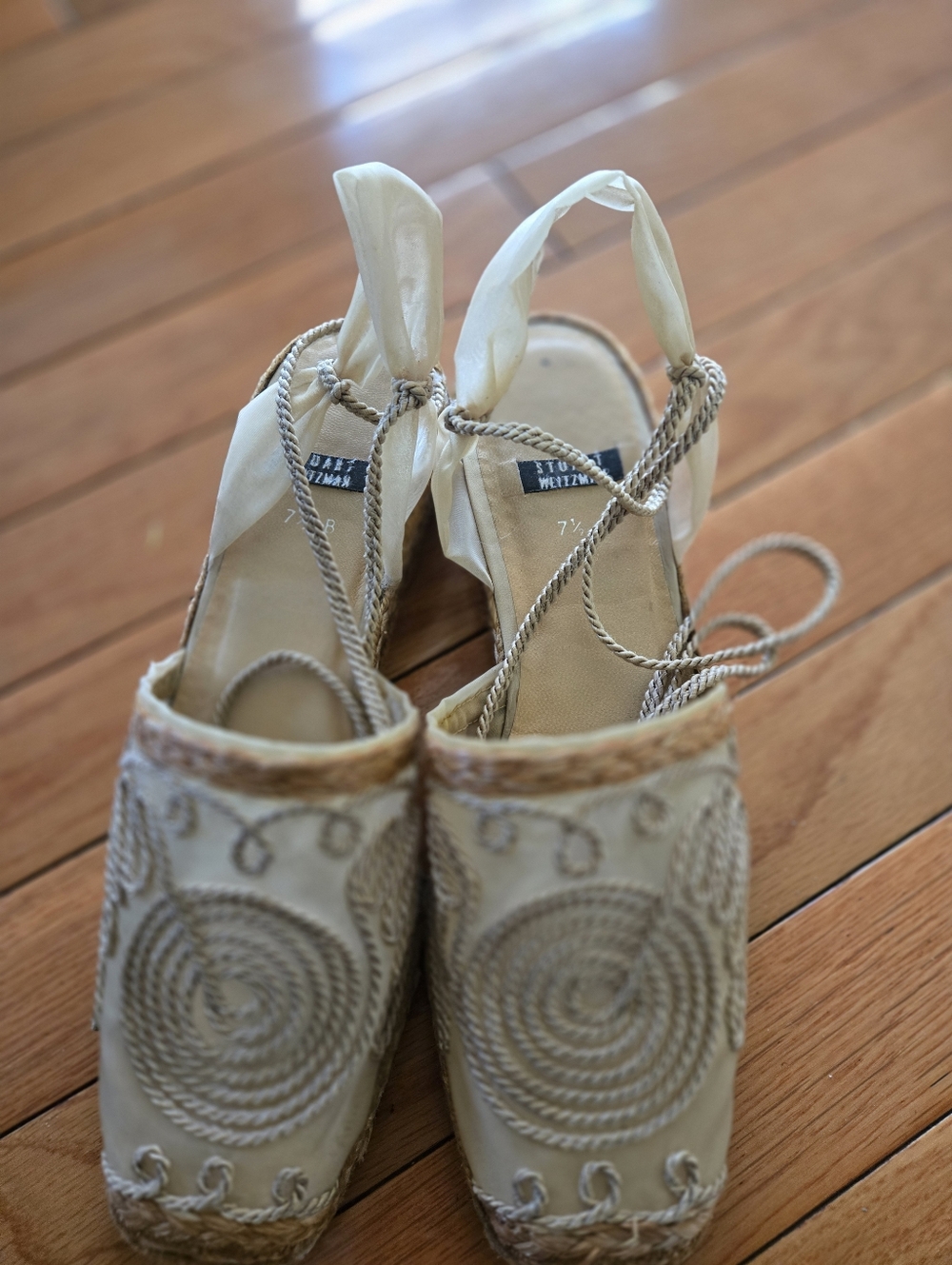 Stuart Weitzman Cream Embroidered Espadrille Lace-Up Wedges